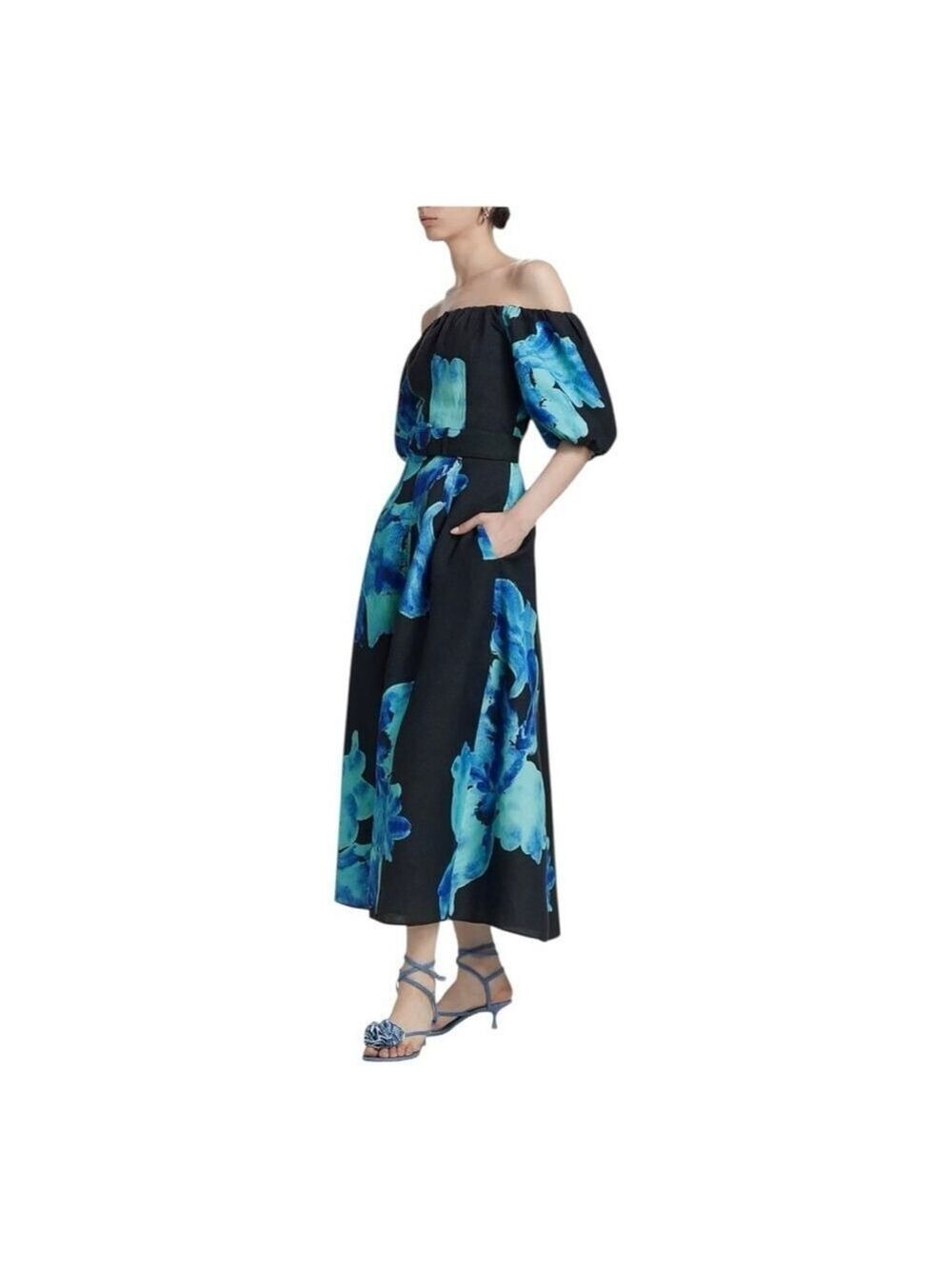 Nicholas the Label Blue Santha Floral Off-the-Shoulder Midi Dress Size 6 - Picture 4 of 13